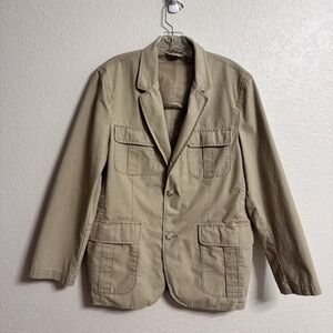 LL Bean Khaki Safari Field Blazer Jacket Mens 40 Short Elbow Patch 262573 Cotton